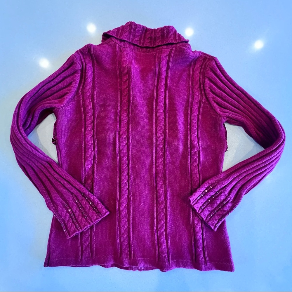 Vintage Storybook Knits Burgundy Sweater Sequin Deer Ribbon Zip up Sz Small - Picture 11 of 13